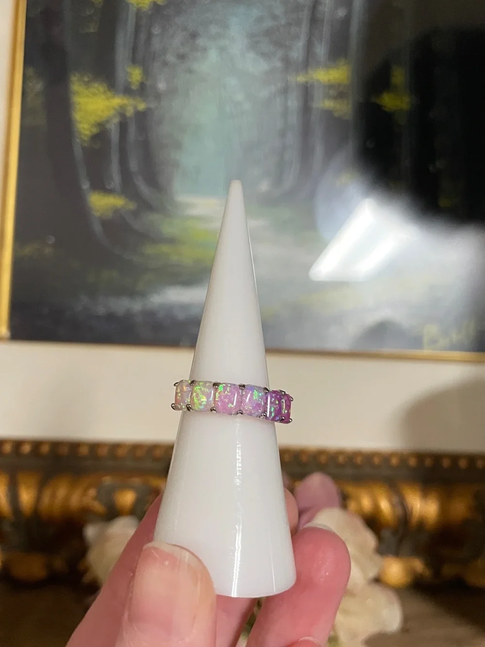 Iridescent Pink & Green Opal-Effect Eternity Ring - Women Jewelry